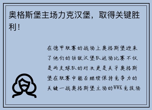 奥格斯堡主场力克汉堡，取得关键胜利！